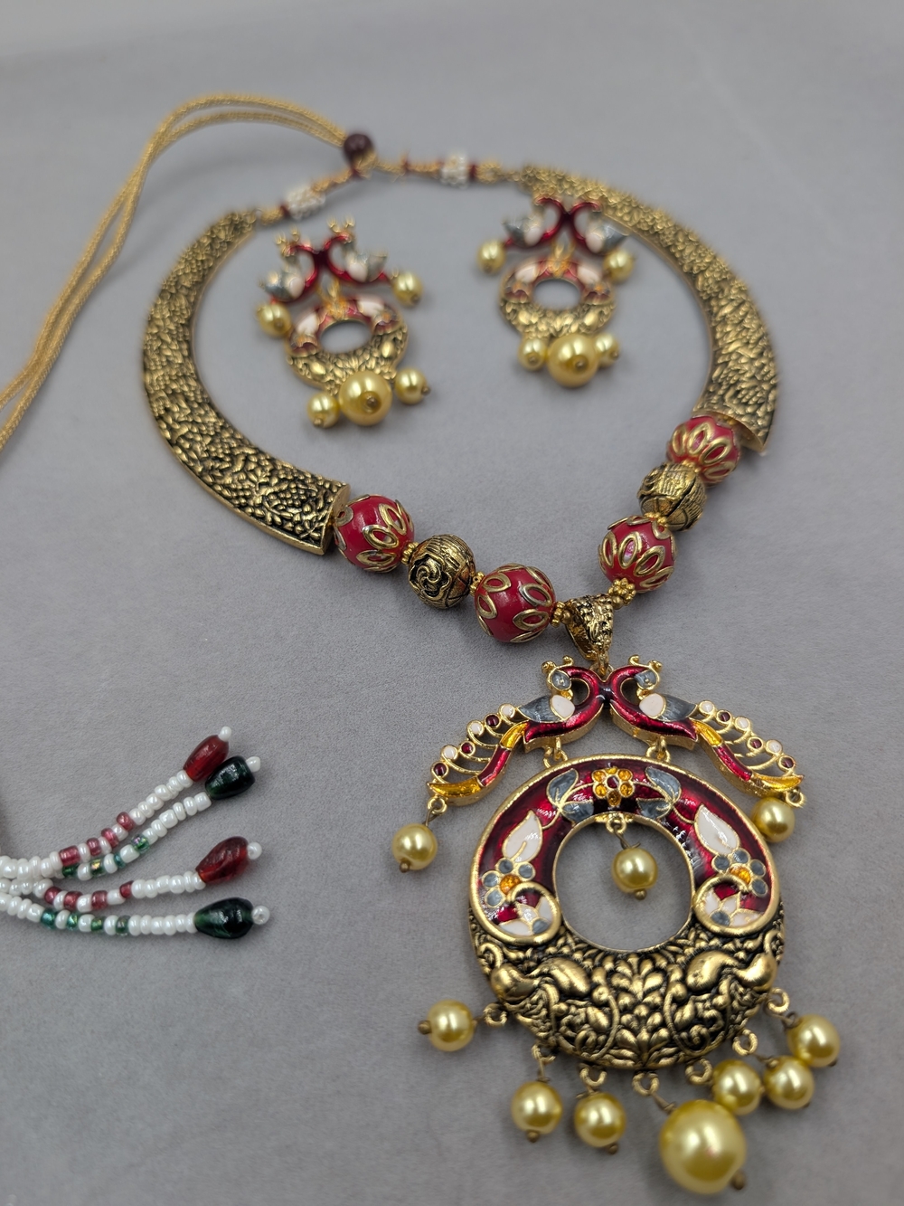 Gold-Tone Red Enamel Pendant Necklace and Earrings Set